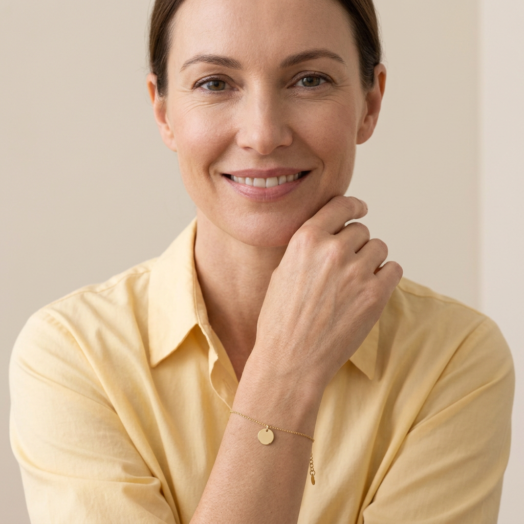 Western female model with face visible wearing disc bracelet and butter-yellow shirt
