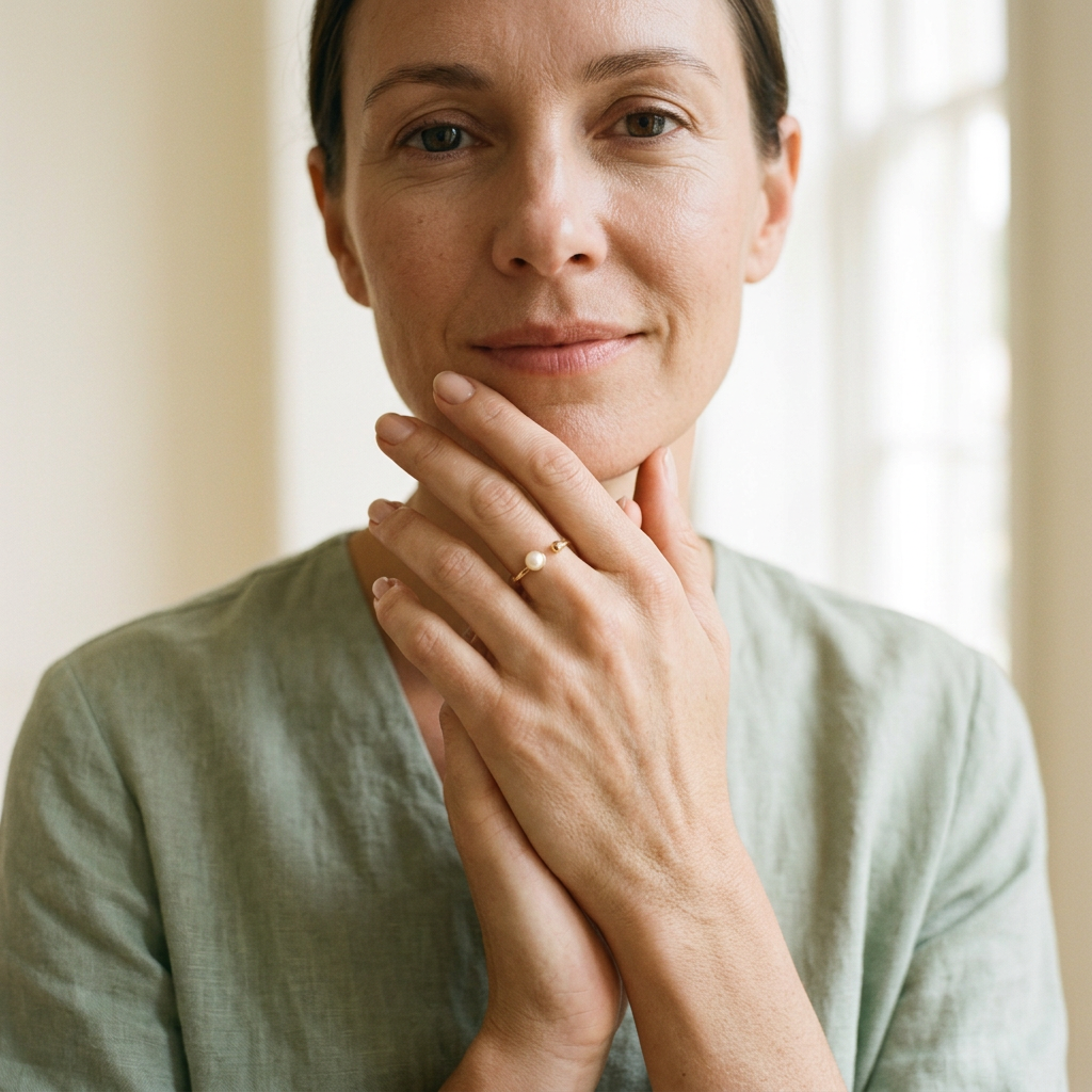 Western female model in a sage blouse with her face and hand wearing the pearl-style gold-tone open ring visible