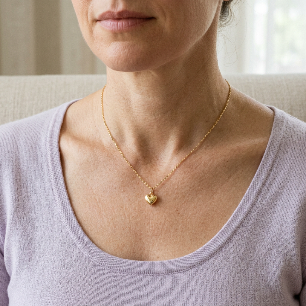 Model wearing heart necklace with lavender knit top