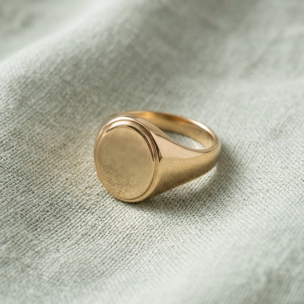Oval signet ring on pale sage linen