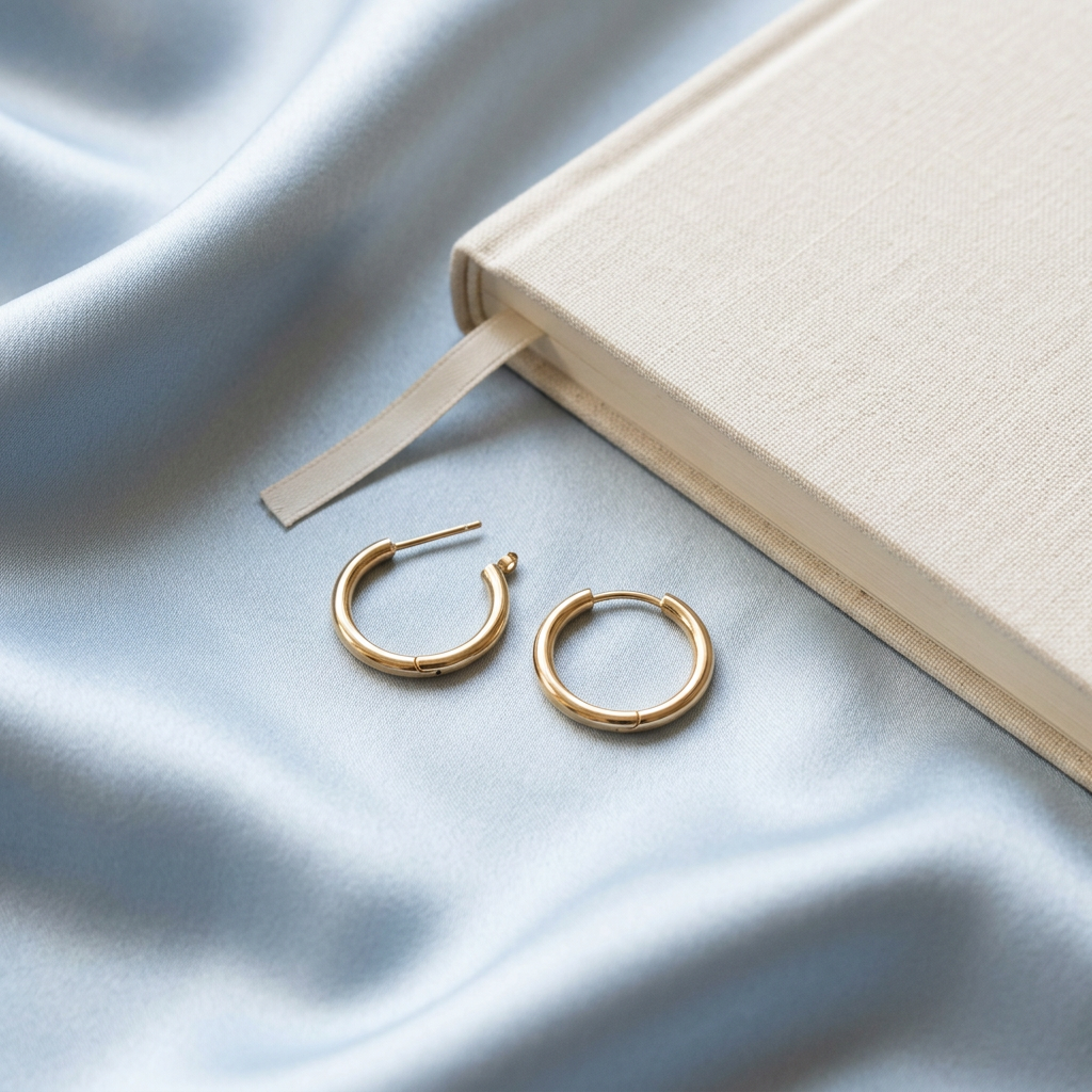 Mini hoop earrings styled on pale blue satin