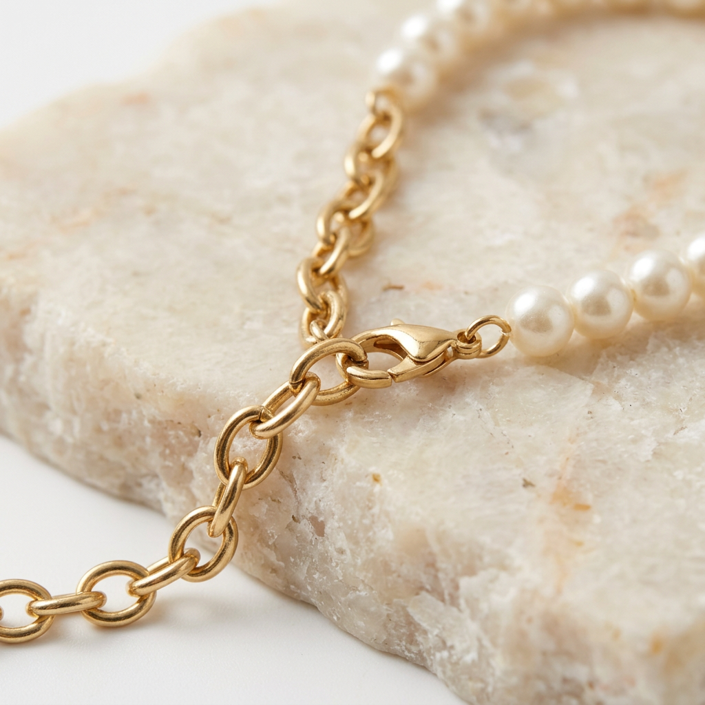 Close detail of pearl-style beads meeting gold-tone links