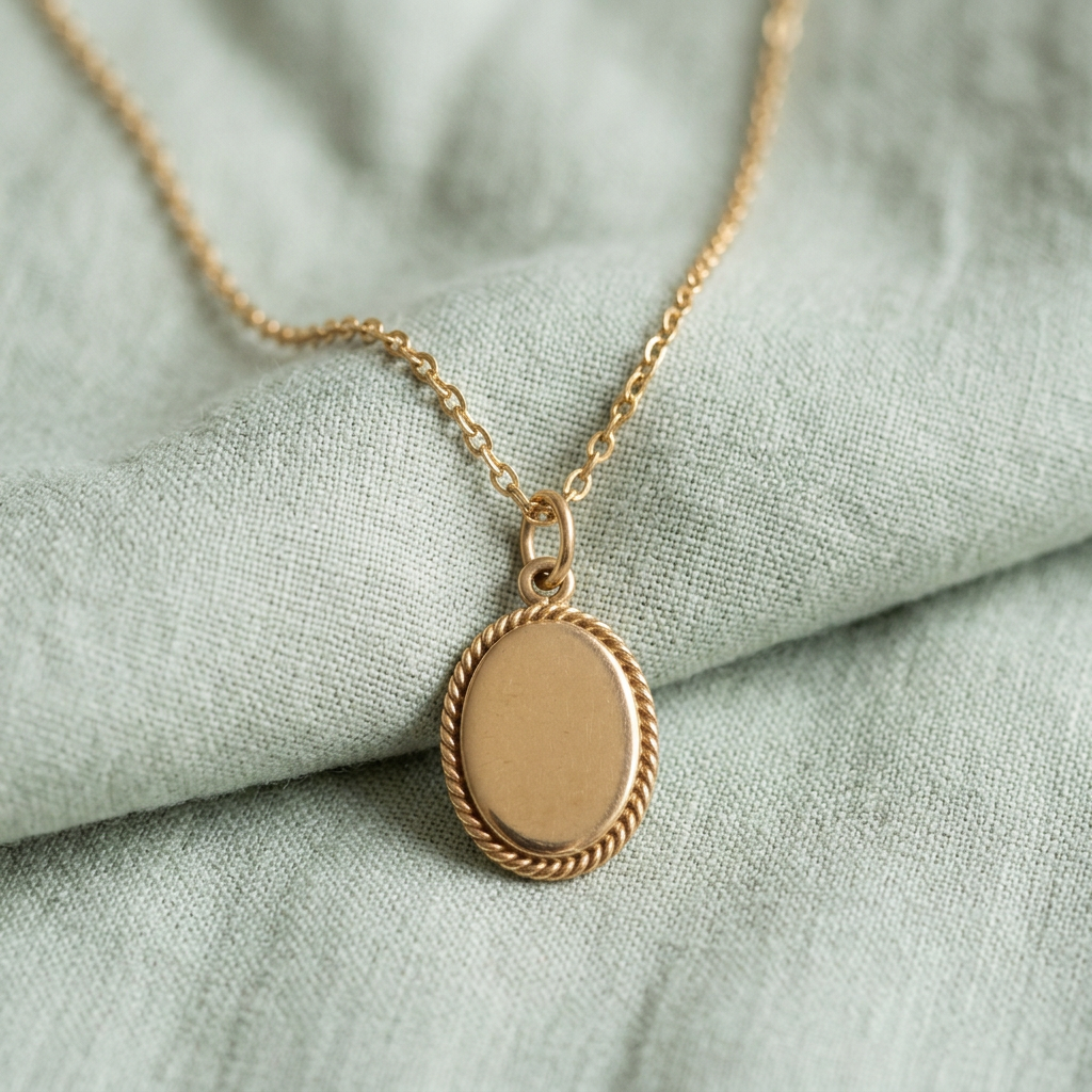 Oval pendant necklace on pale sage linen