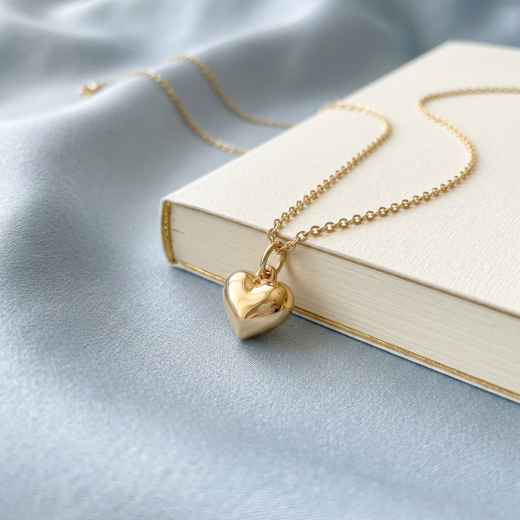 Heart necklace styled on pale blue silk