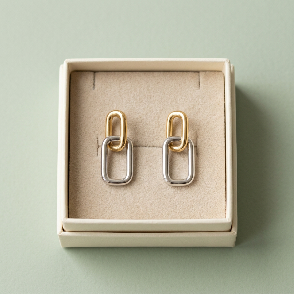Two-tone earrings in unbranded ivory box