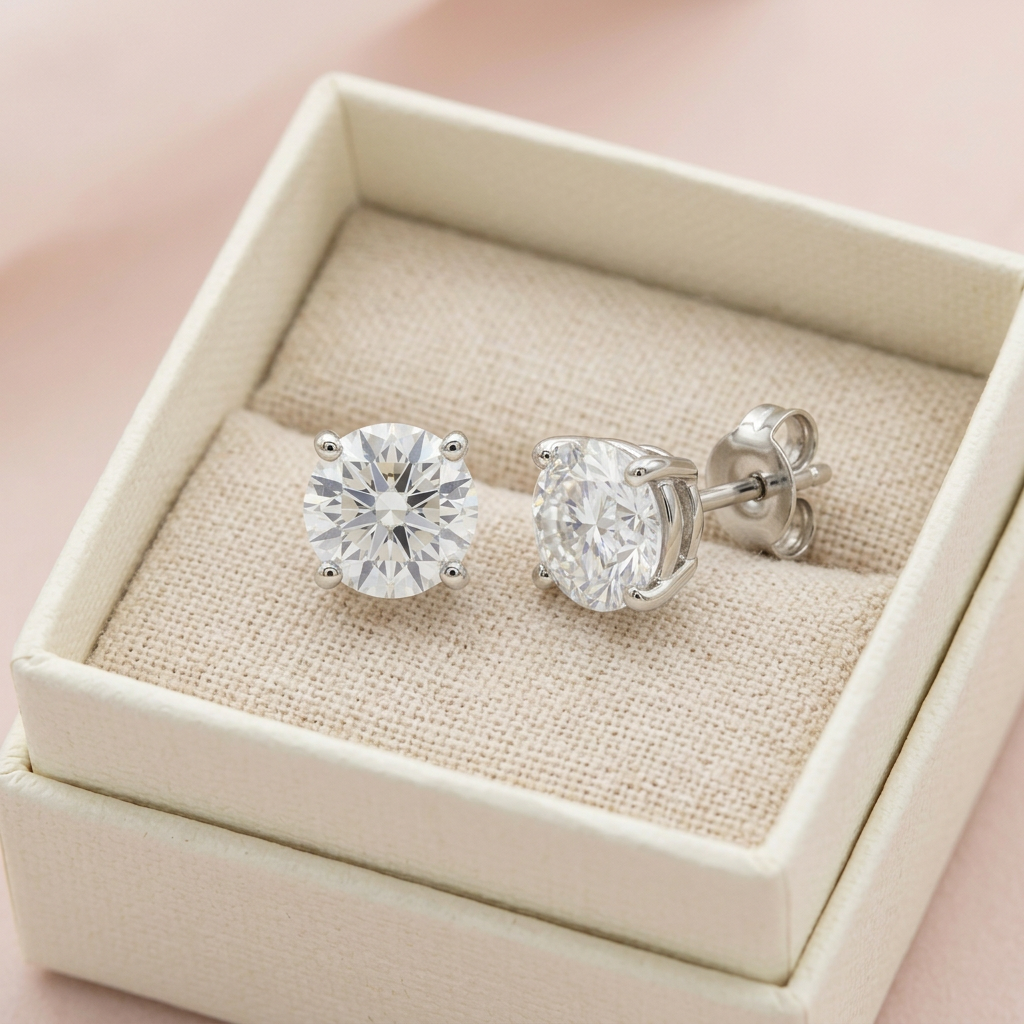 Solitaire stud earrings in unbranded ivory box