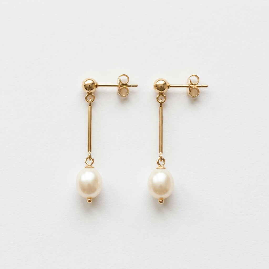 Matching pearl-style drop earrings with gold-tone bars on white