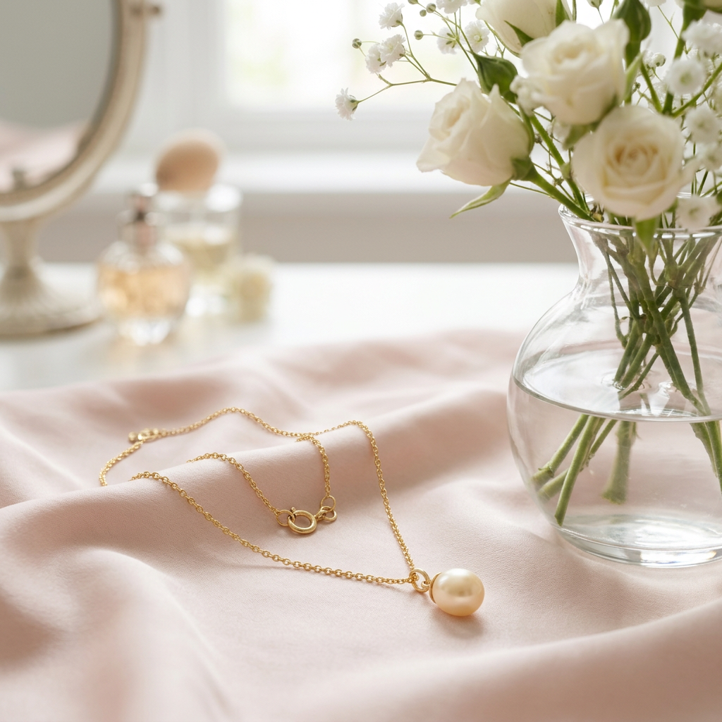 Pearl-style necklace on blush silk with flowers