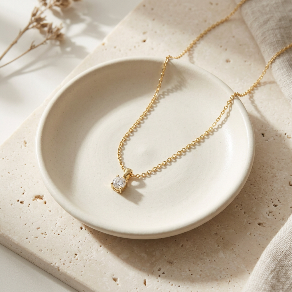 Solitaire necklace on ivory ceramic dish