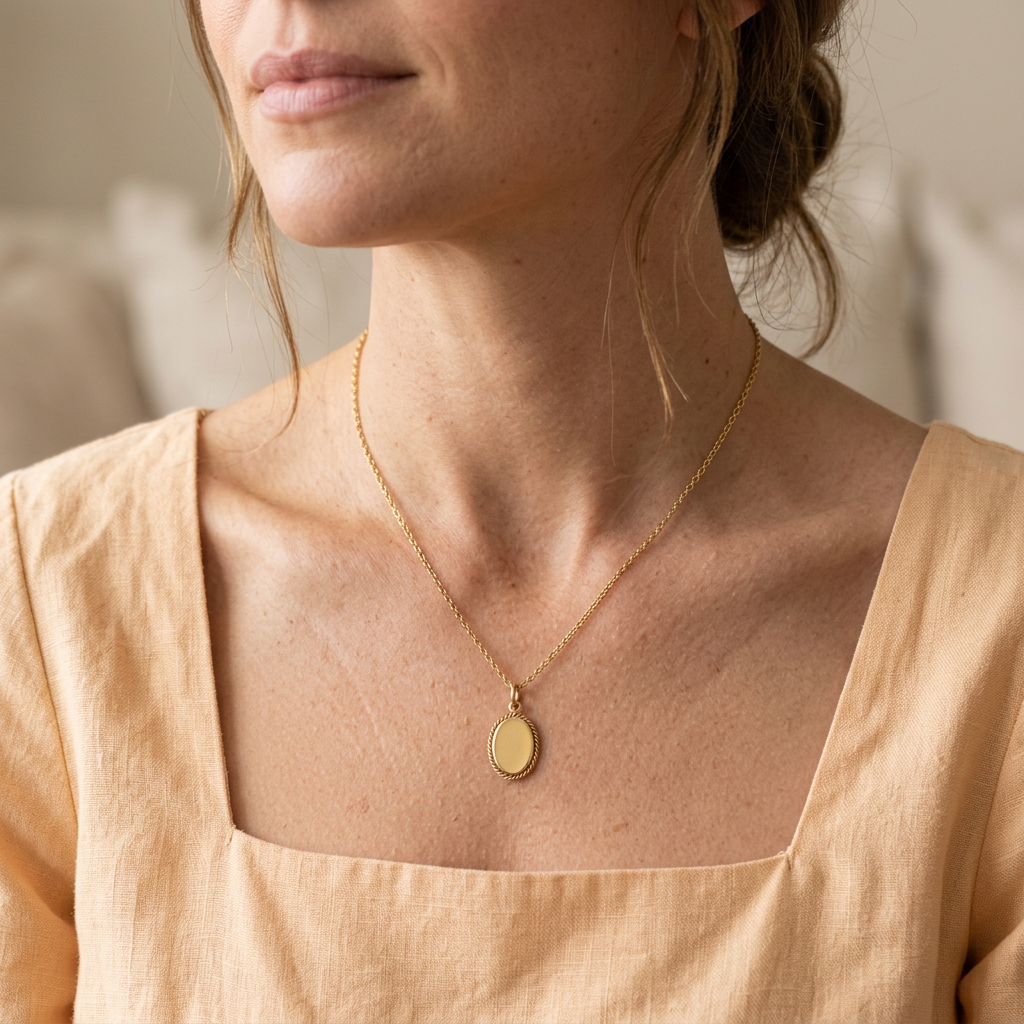 Model wearing oval necklace with pale apricot square-neck blouse