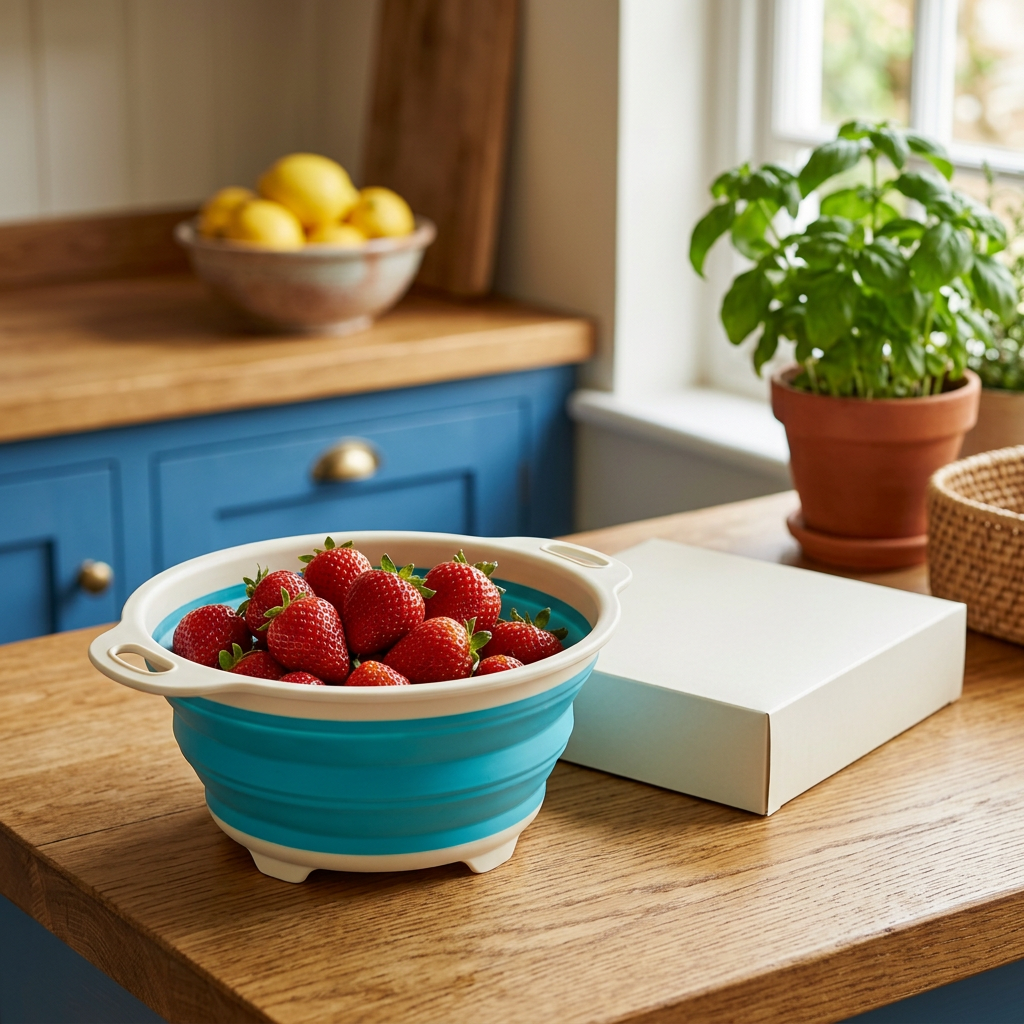 Colander holding strawberries on preparation counter