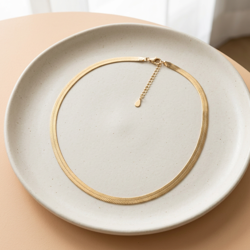 Flat chain necklace on ivory ceramic platter