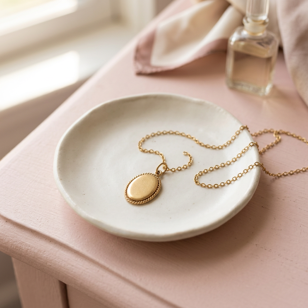Vintage-inspired oval necklace on ivory ceramic dish