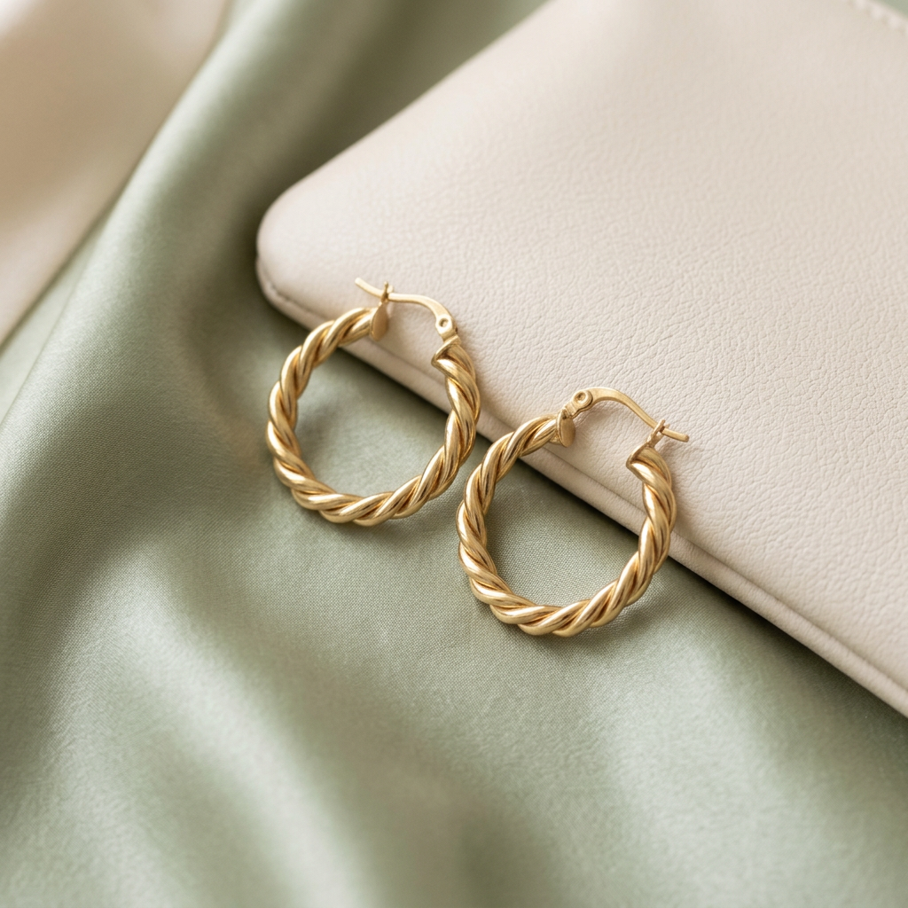 Twisted hoop earrings styled on pale sage satin