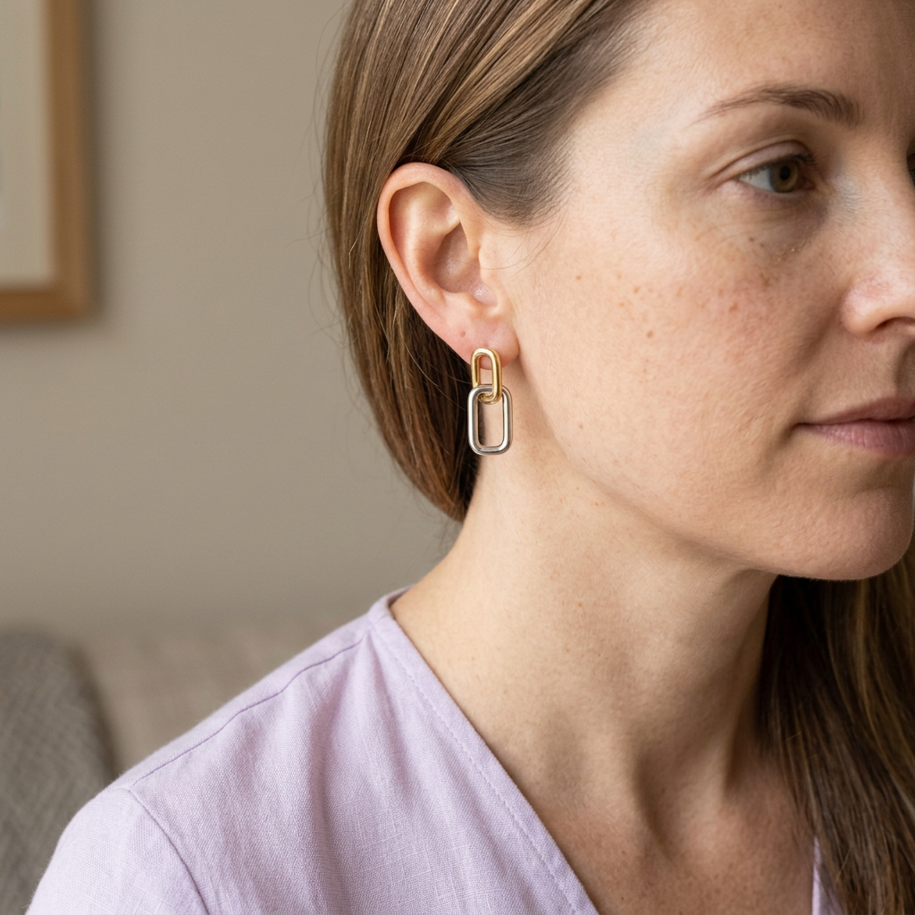 Model wearing two-tone earrings with pale lavender blouse