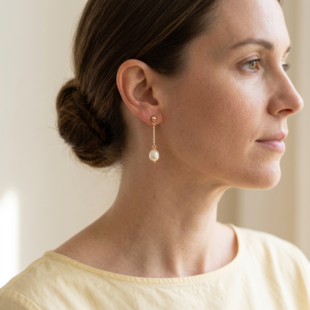 Model wearing pearl-style drop earring with pale yellow blouse