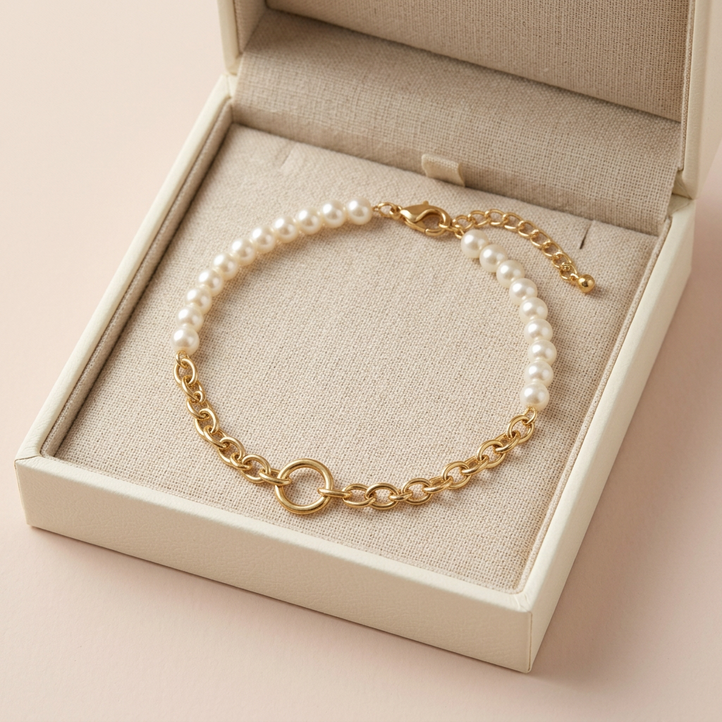 Mixed bead bracelet in unbranded ivory jewelry box
