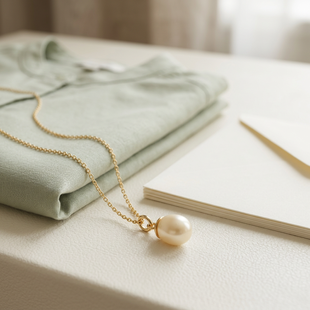 Pearl-style necklace beside pale sage clothing