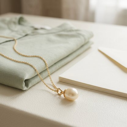 Pearl-style necklace beside pale sage clothing