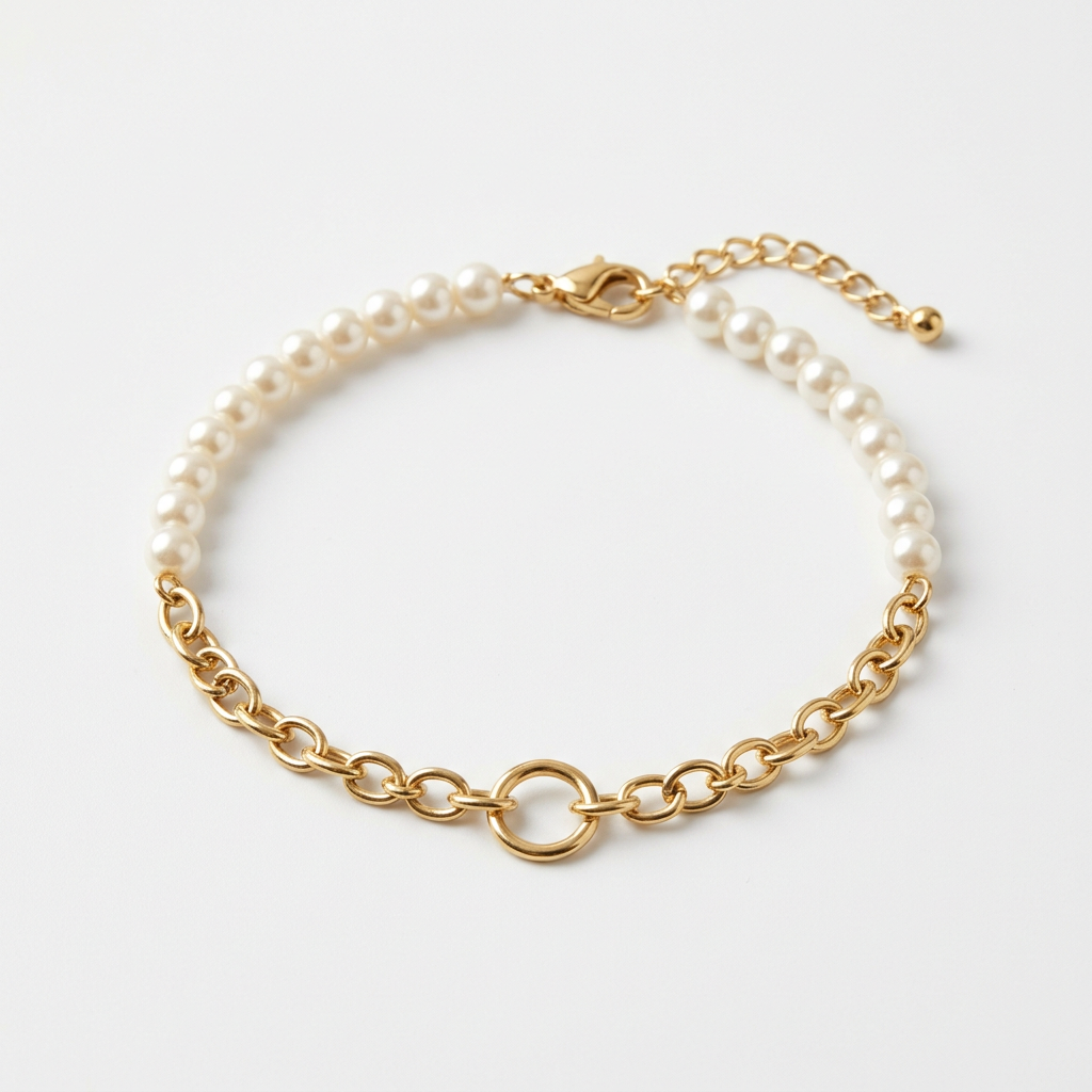 Pearl-style bead and gold-tone chain bracelet on white