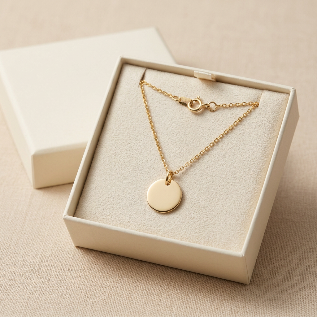 Disc necklace displayed in plain unbranded ivory box