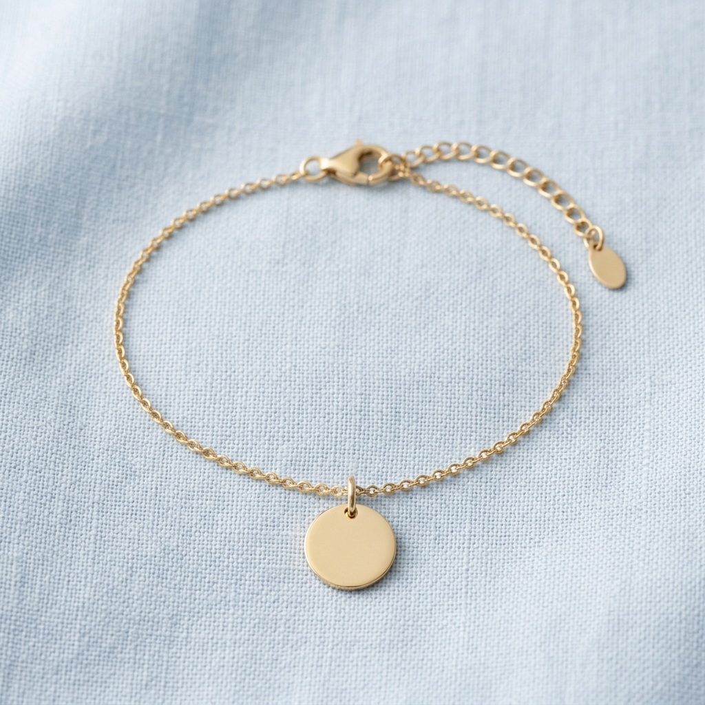 Fine chain disc bracelet on pale blue linen