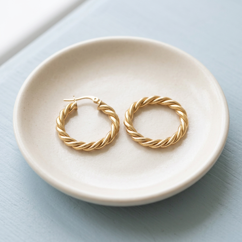 Rope-style hoop earrings on ivory ceramic dish