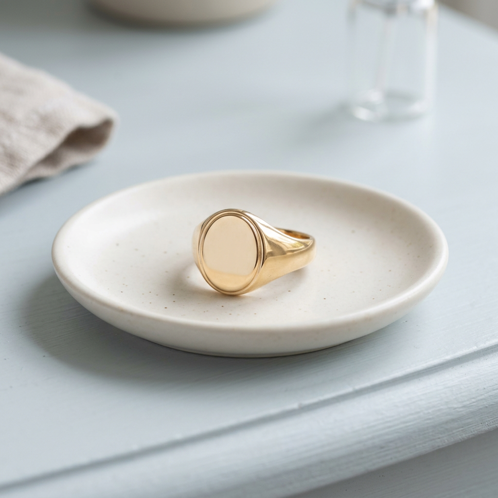 Signet ring on ivory ceramic dish