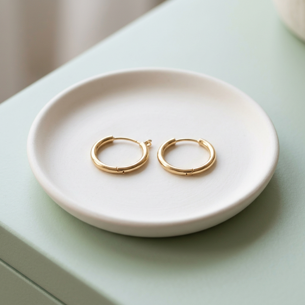 Gold-tone hoop pair on ivory ceramic dish