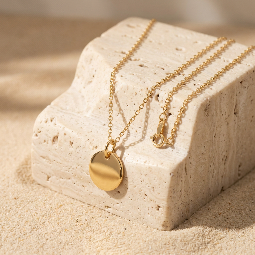 Disc necklace styled on pale stone plinth