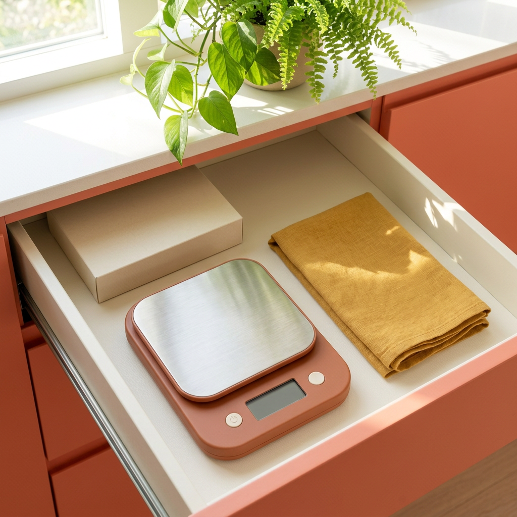 Empty kitchen scale stored flat in drawer