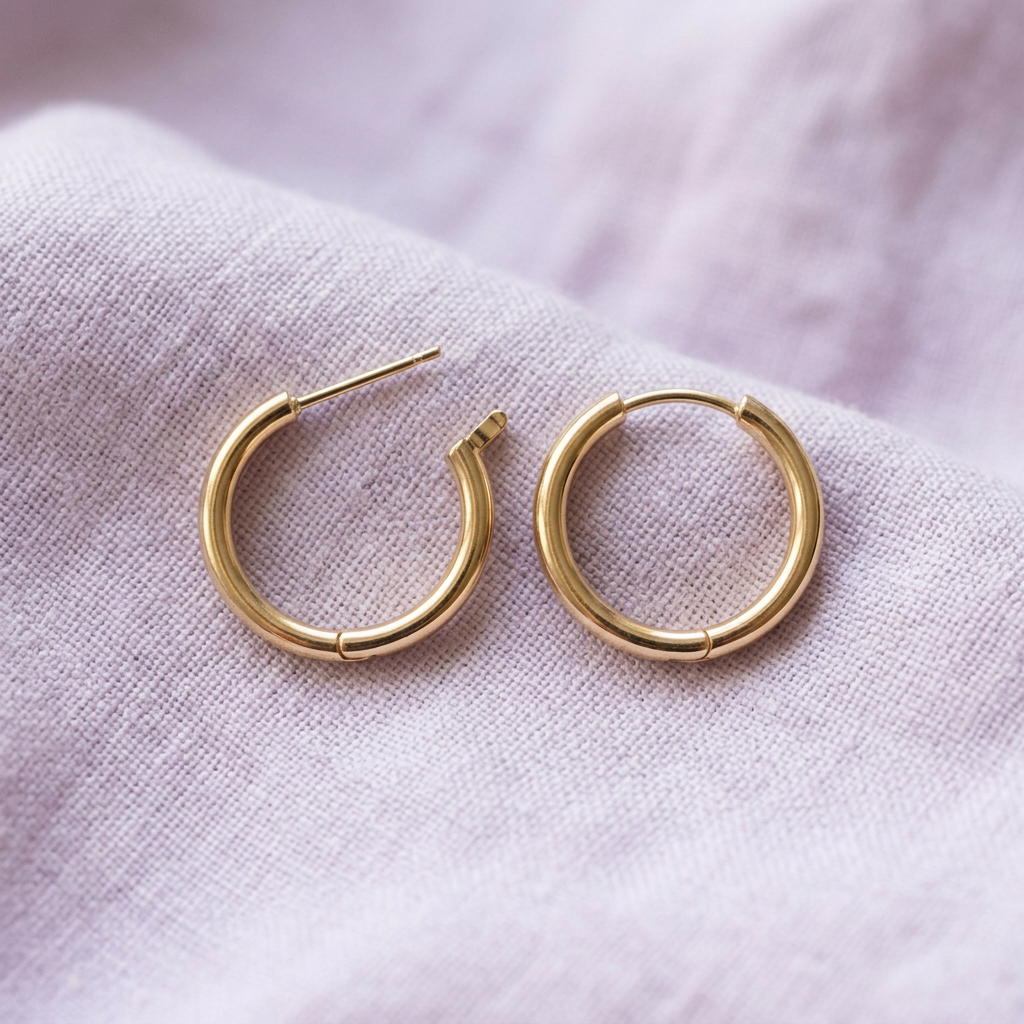 Mini hoop earrings on pale lavender linen