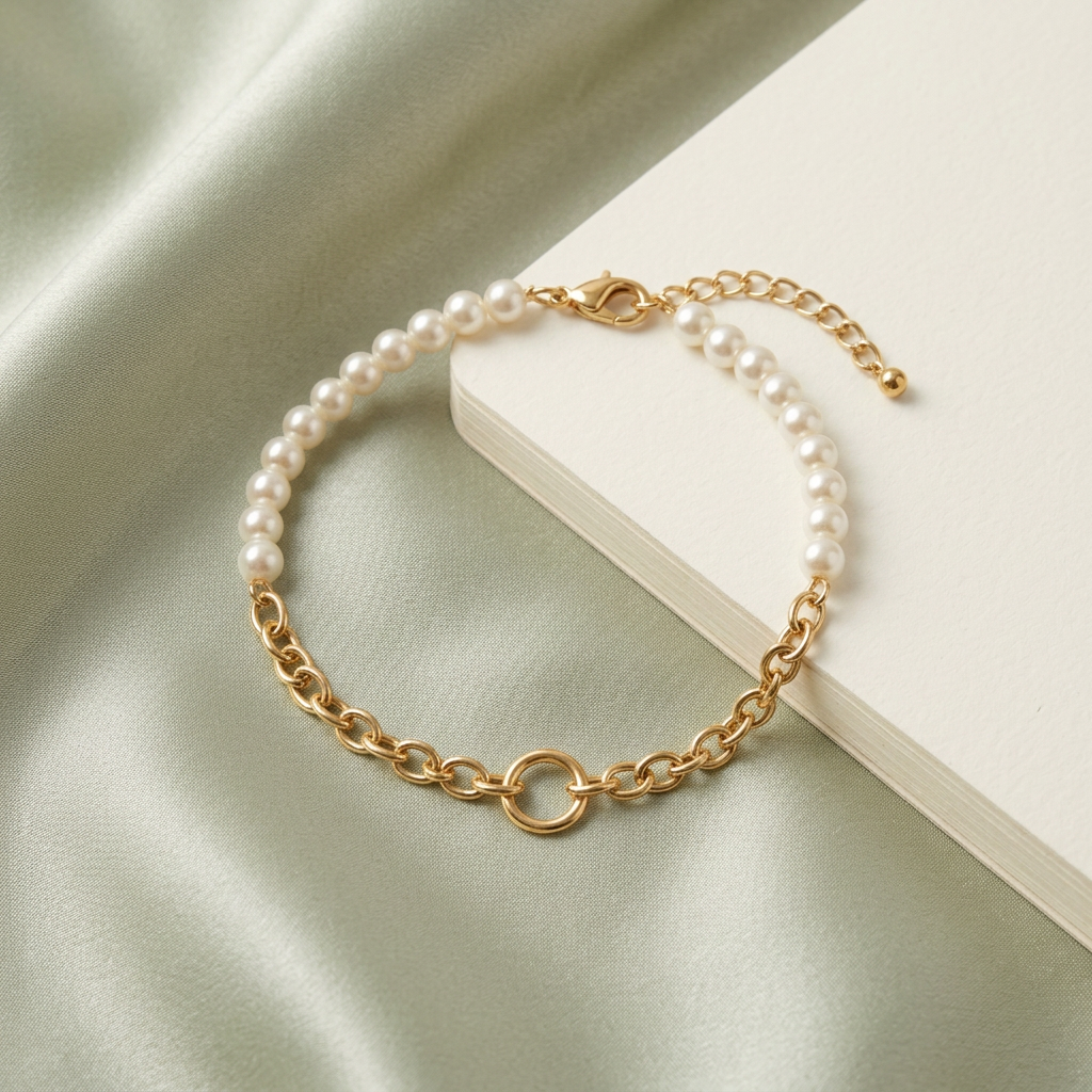 Pearl-style and chain bracelet on sage satin