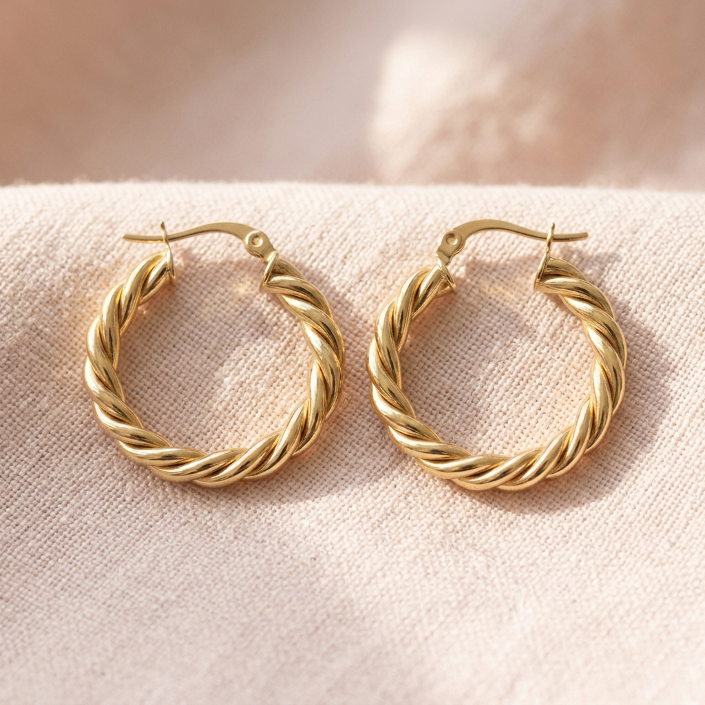 Twisted hoop pair on pale blush linen