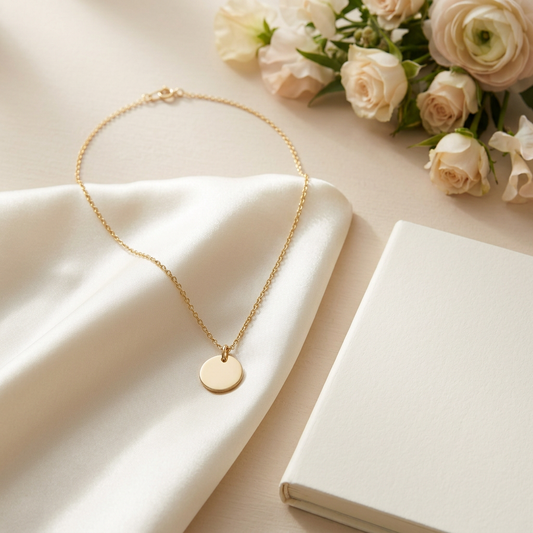 Disc necklace styled with ivory satin scarf