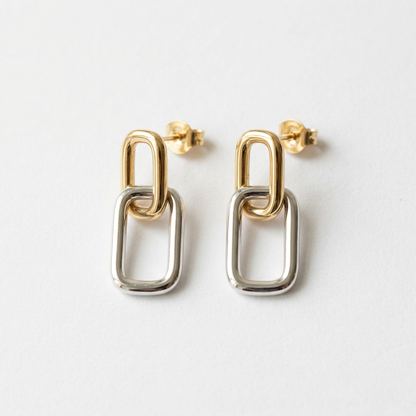 Matching two-tone interlocking rectangle earrings on white