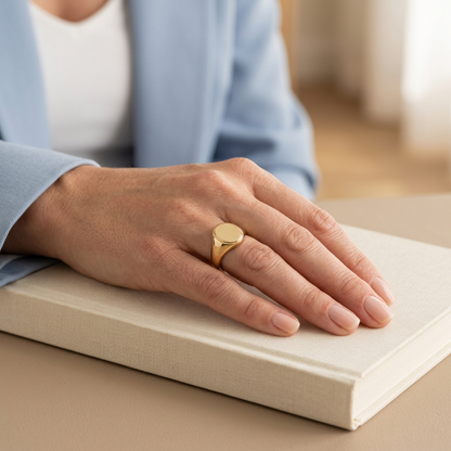 Model hand wearing oval signet ring with pale blue blazer cuff