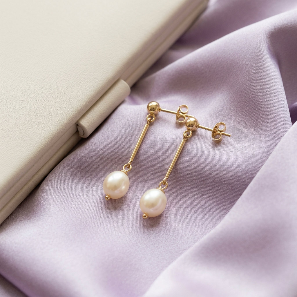 Pearl-style earrings styled on pale lavender satin