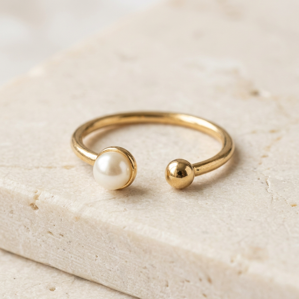 Close-up of pearl-style bead and rounded gold-tone endpoint on the open ring