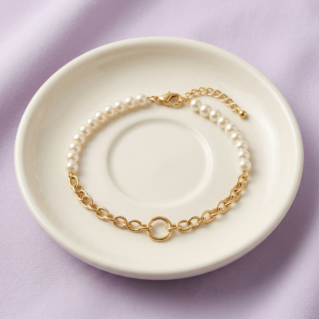 Pearl-style chain bracelet on ivory ceramic dish
