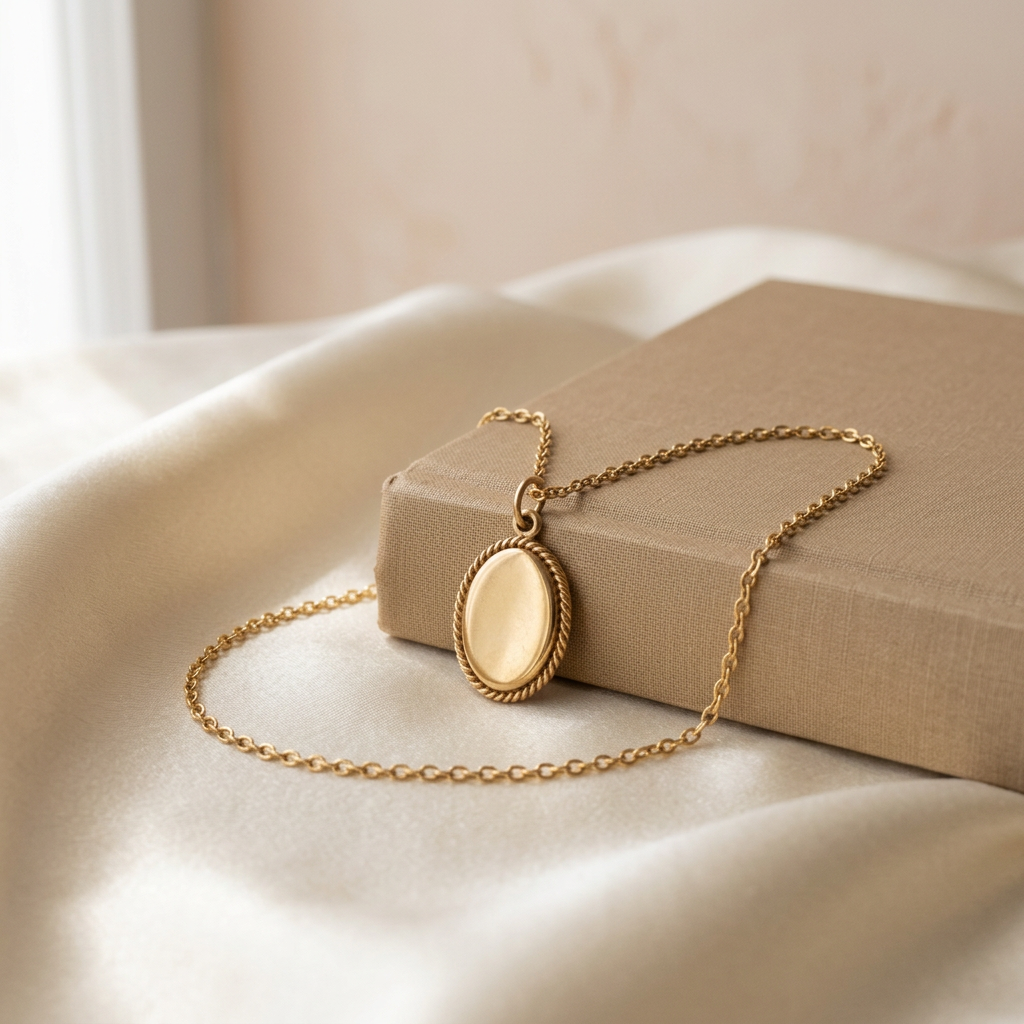 Oval necklace styled with cream satin and book