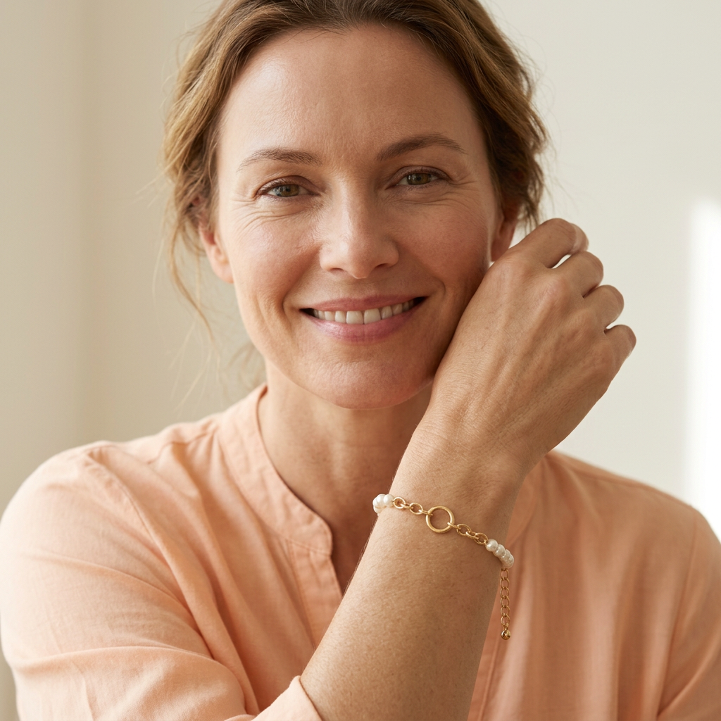 Western female model with face visible wearing bracelet and peach blouse