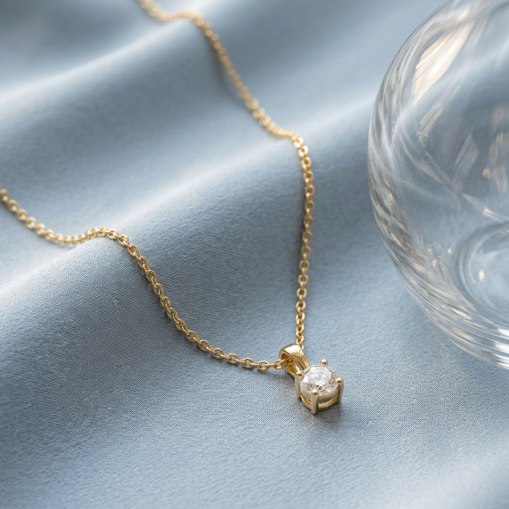 Solitaire necklace on pale blue silk