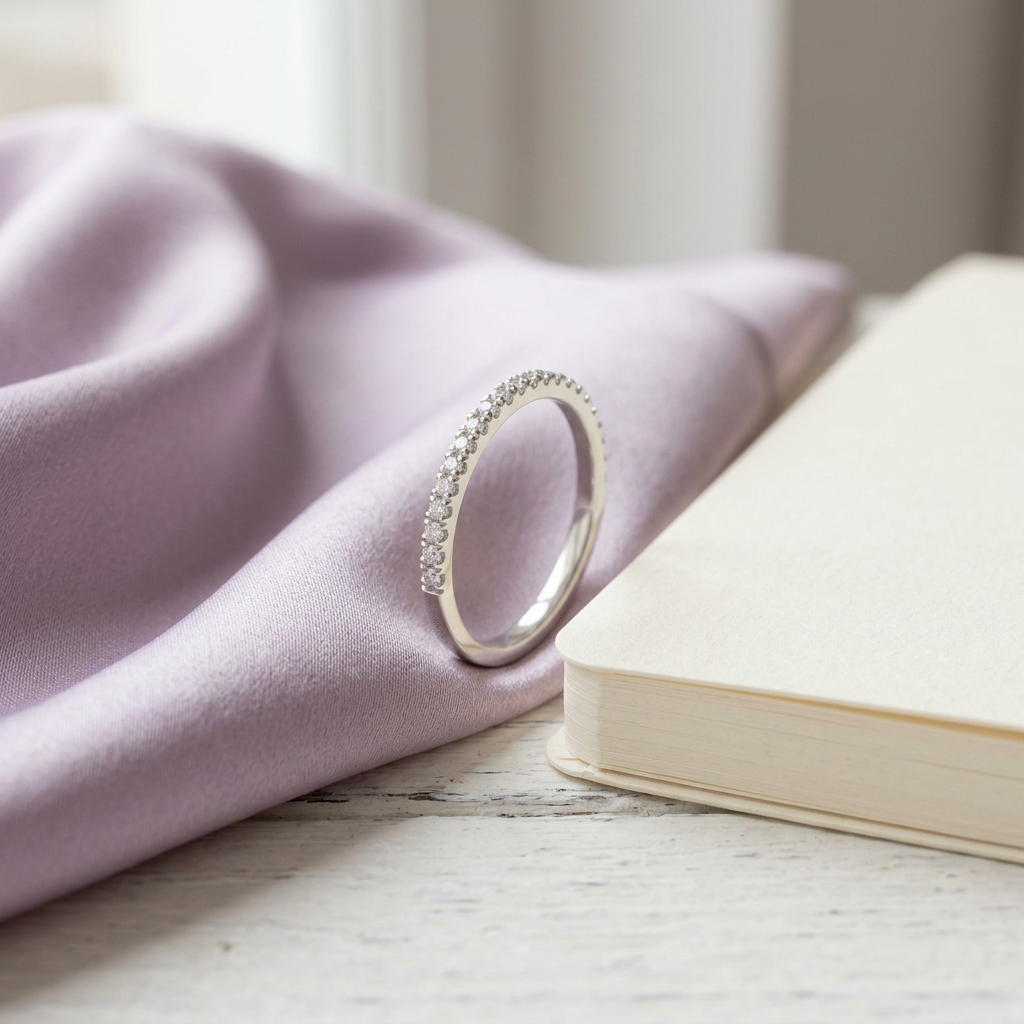 Fine band ring styled on pale lavender satin