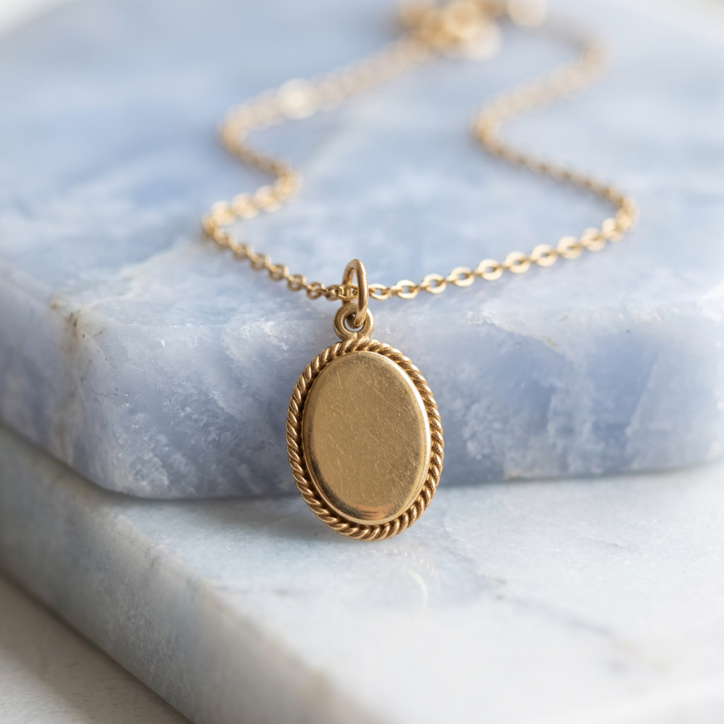 Rope-style oval pendant border detail on pale blue stone