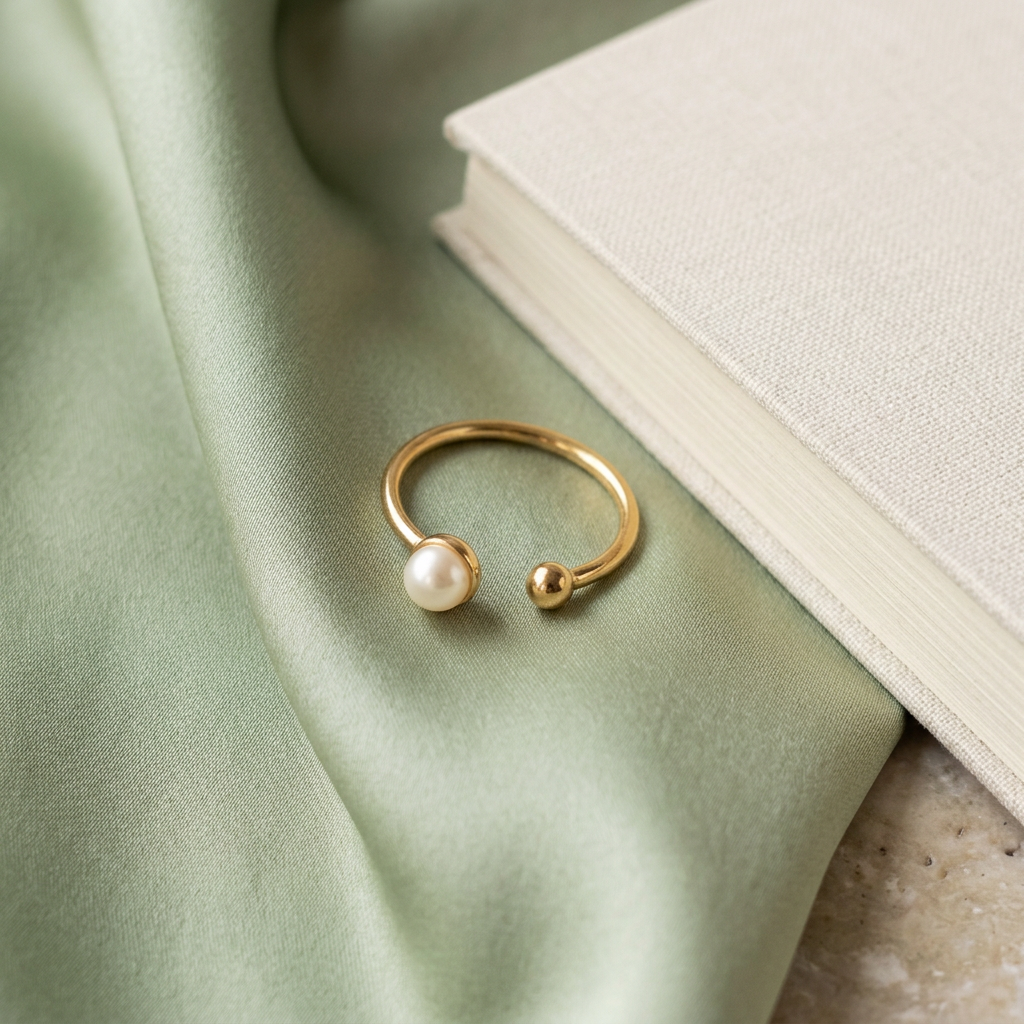 Pearl-style gold-tone open ring on pale sage satin beside a cream notebook
