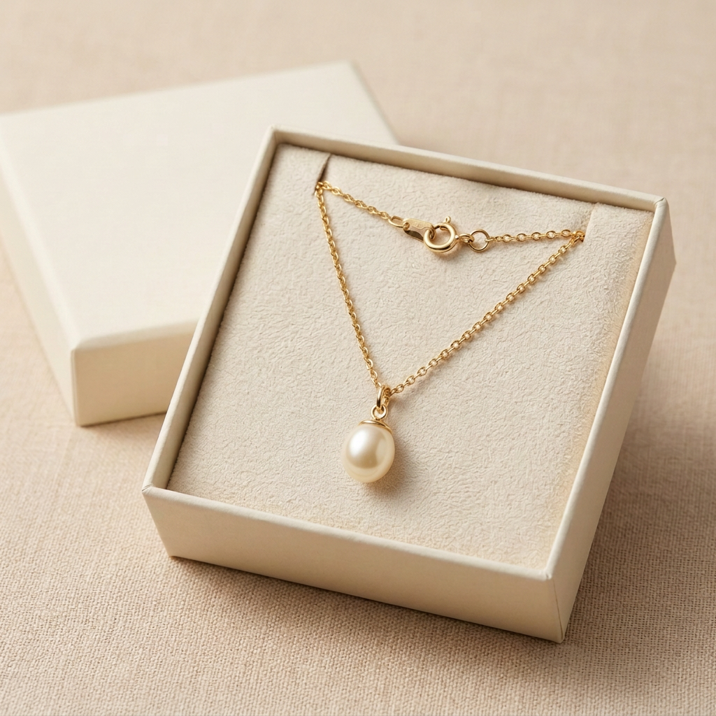 Pearl-style necklace in plain ivory jewelry box