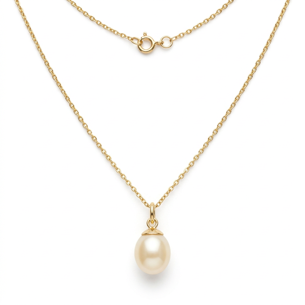 Single oval pearl-style pendant necklace on white