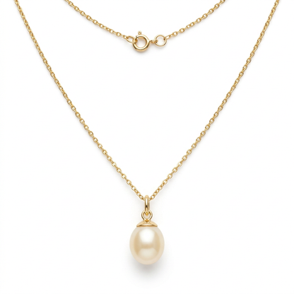 Single oval pearl-style pendant necklace on white