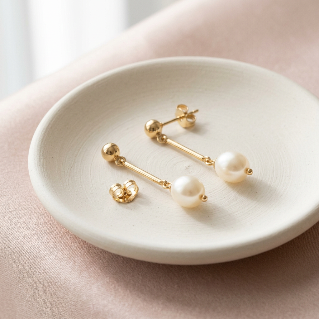 Pearl-style drop earrings on ivory ceramic dish